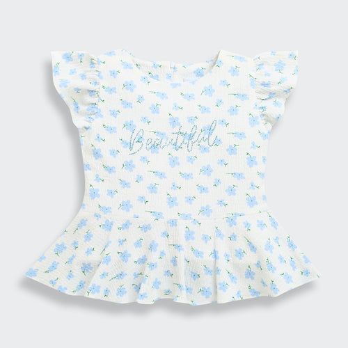 Girls Blue Floral Printed Peplum Top with Ruffle Sleeves TG6358