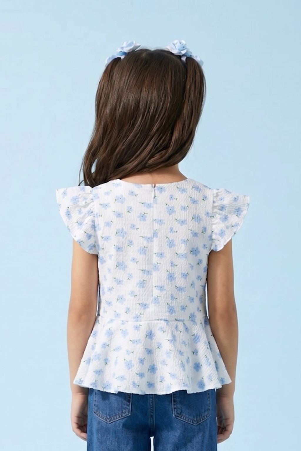 Girls Blue Floral Printed Peplum Top with Ruffle Sleeves TG6358