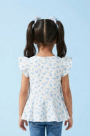 Girls Blue Floral Printed Peplum Top with Ruffle Sleeves TG6358