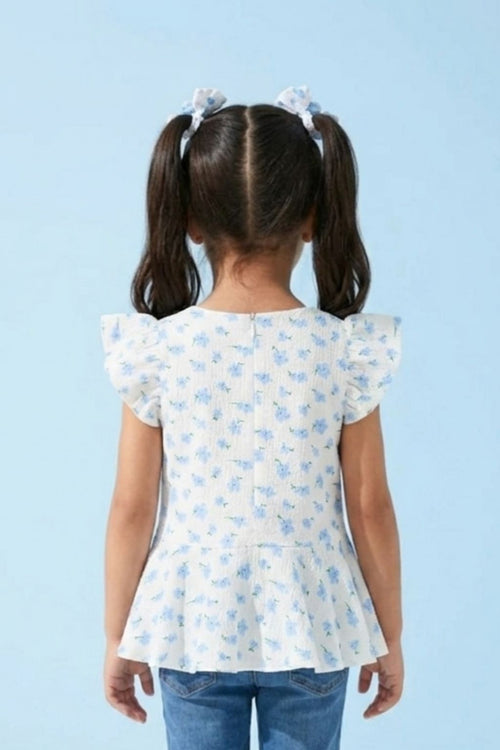 Girls Blue Floral Printed Peplum Top with Ruffle Sleeves TG6358