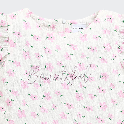 Pink Floral Printed Peplum Top with Ruffle Sleeves TG6358
