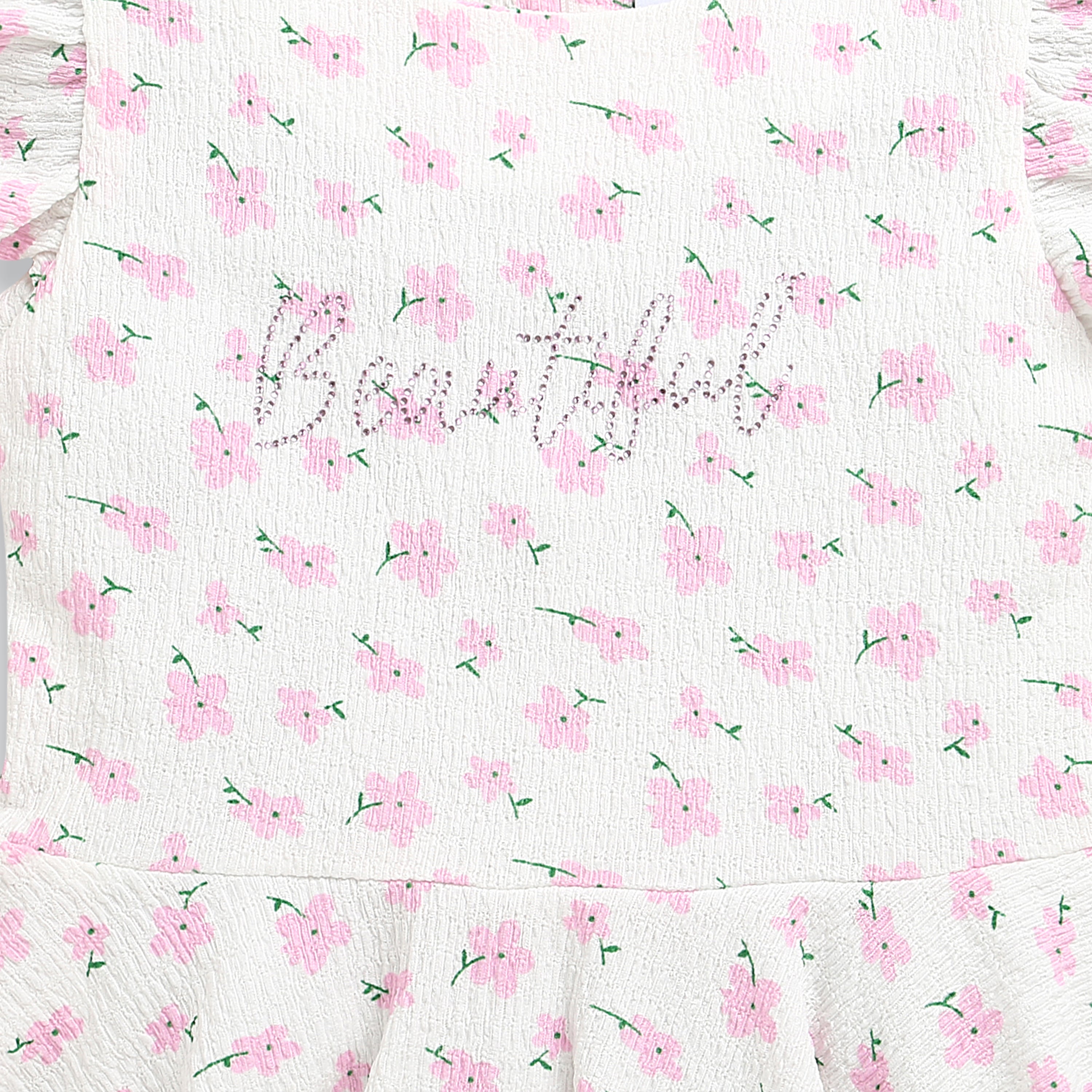 Pink Floral Printed Peplum Top with Ruffle Sleeves TG6358
