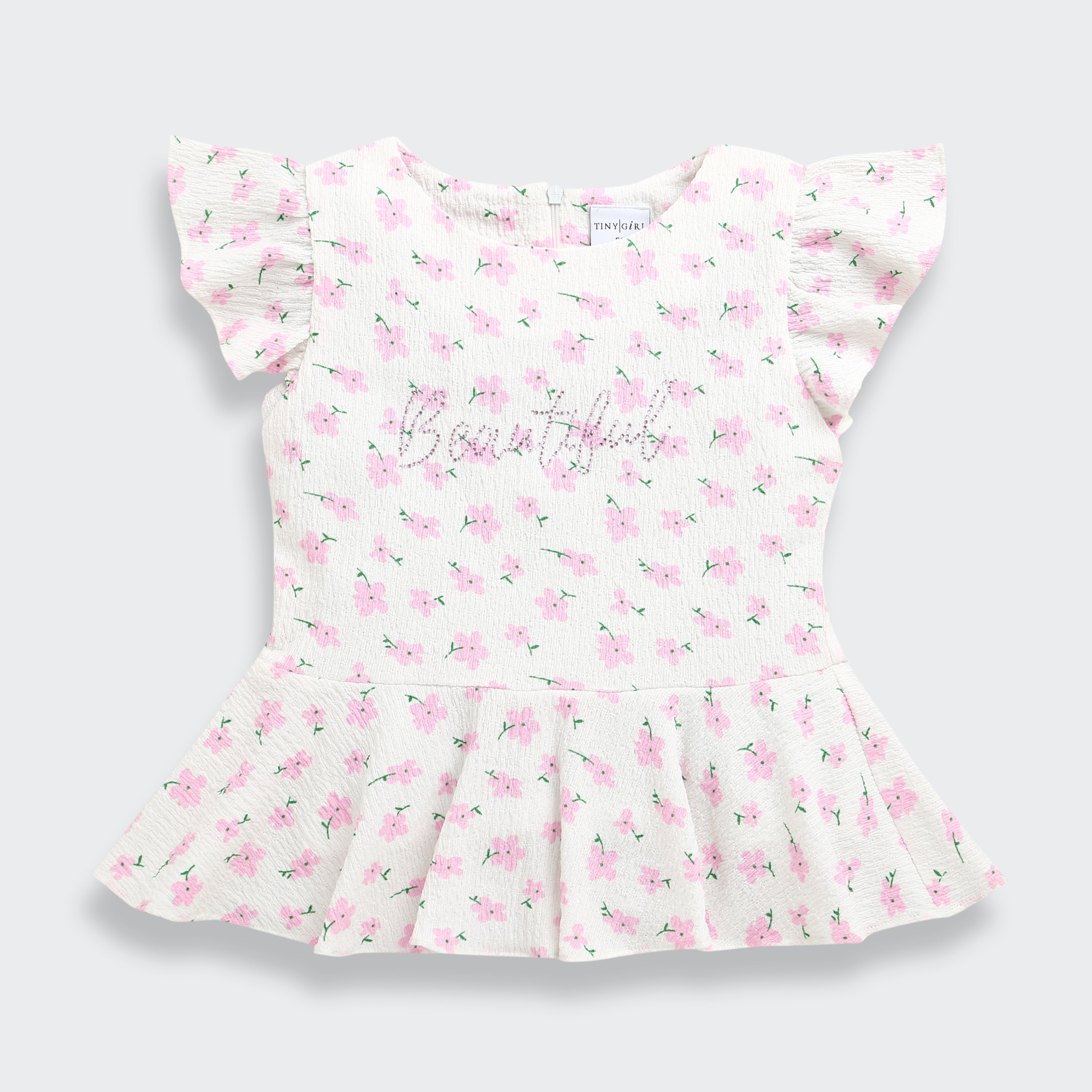 Pink Floral Printed Peplum Top with Ruffle Sleeves TG6358