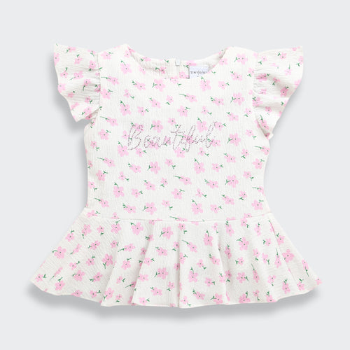 Pink Floral Printed Peplum Top with Ruffle Sleeves TG6358