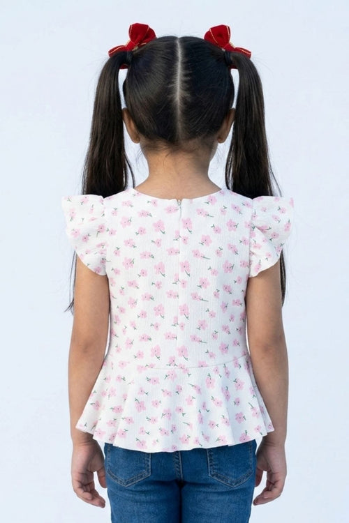Pink Floral Printed Peplum Top with Ruffle Sleeves TG6358