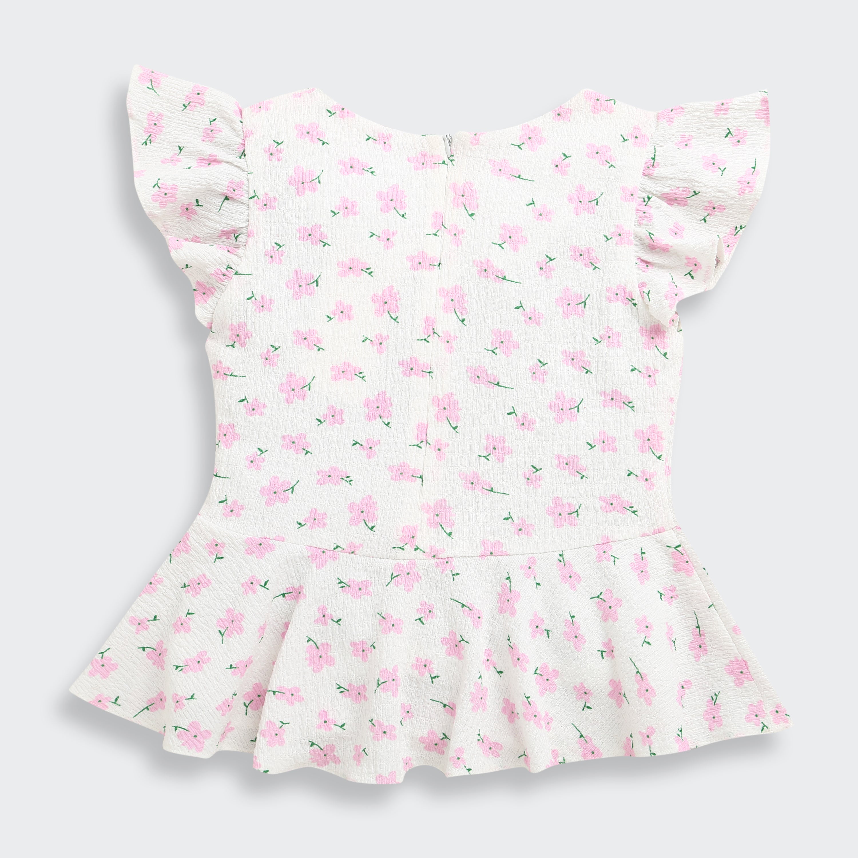 Pink Floral Printed Peplum Top with Ruffle Sleeves TG6358