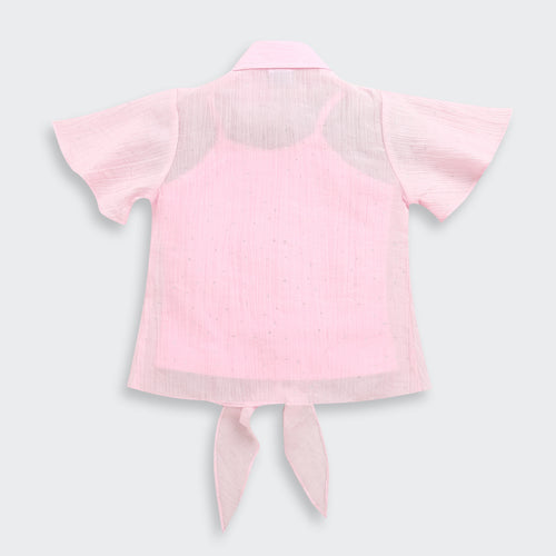 Soft Pink Shimmer Tie Front Shirt TG6360