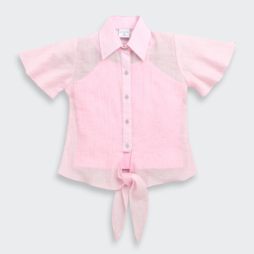 Soft Pink Shimmer Tie Front Shirt TG6360