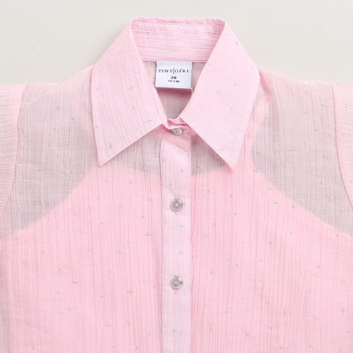 Soft Pink Shimmer Tie Front Shirt TG6360