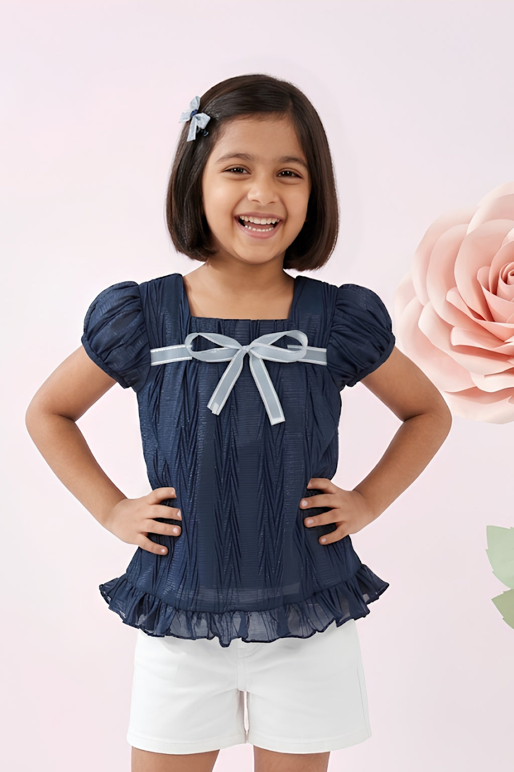 Navy Blue Bow Detail Ruffle Top TG6361