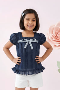 Navy Blue Bow Detail Ruffle Top TG6361