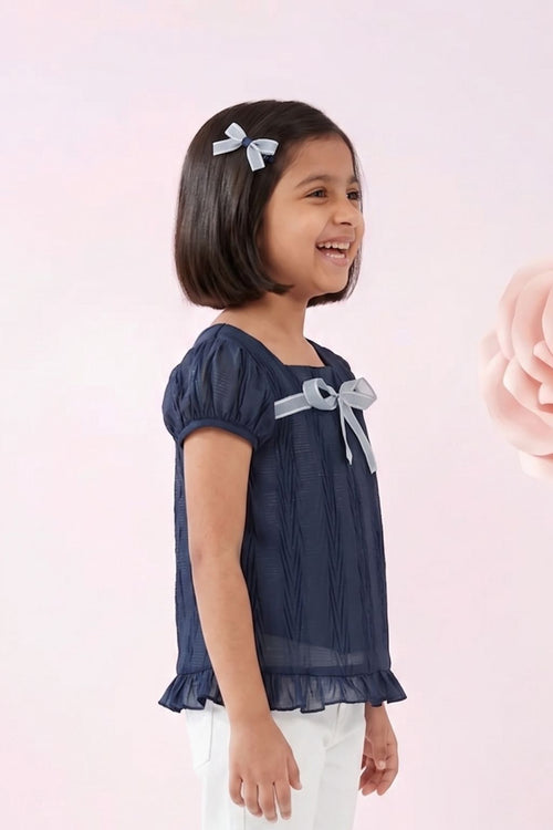 Navy Blue Bow Detail Ruffle Top TG6361