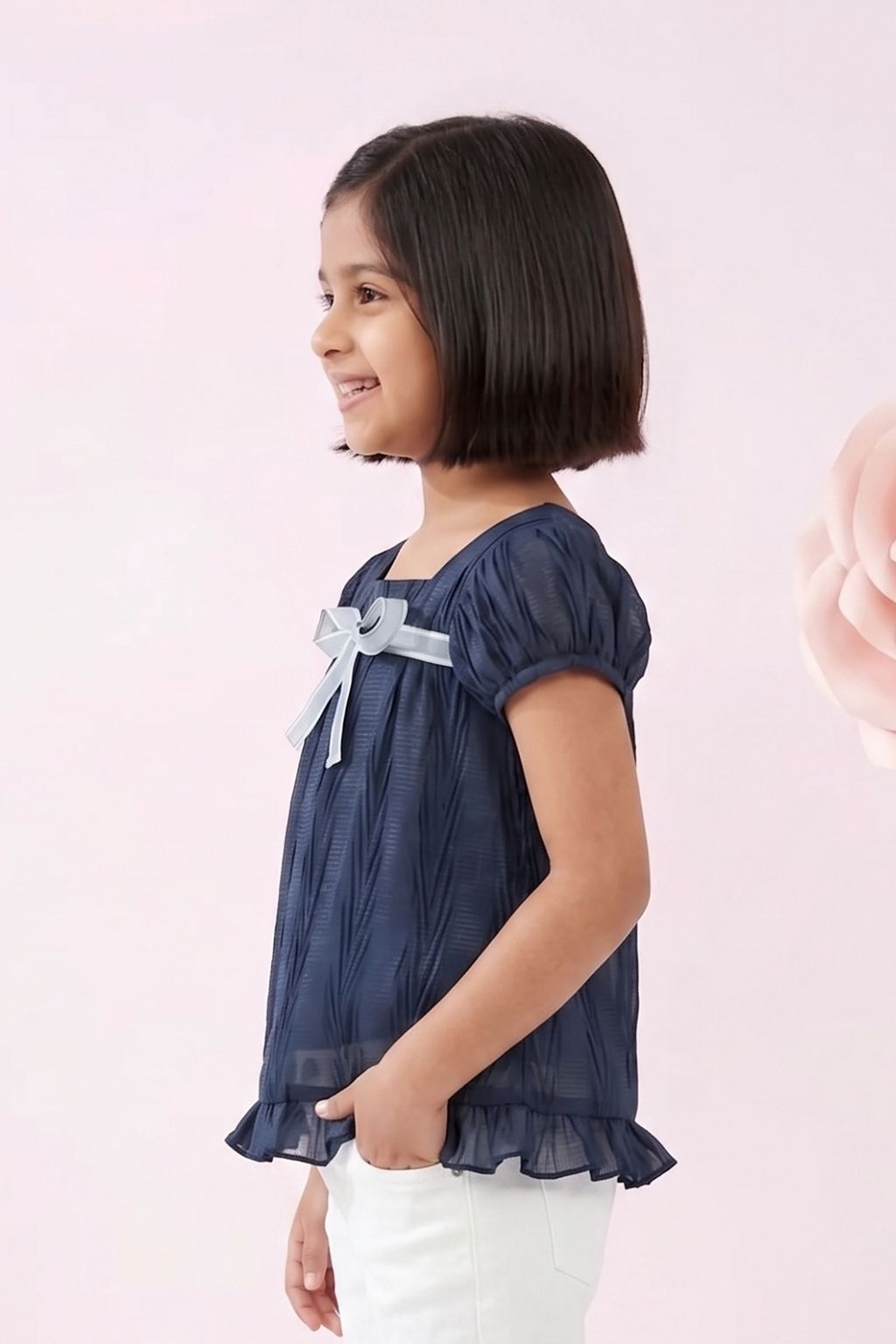 Navy Blue Bow Detail Ruffle Top TG6361