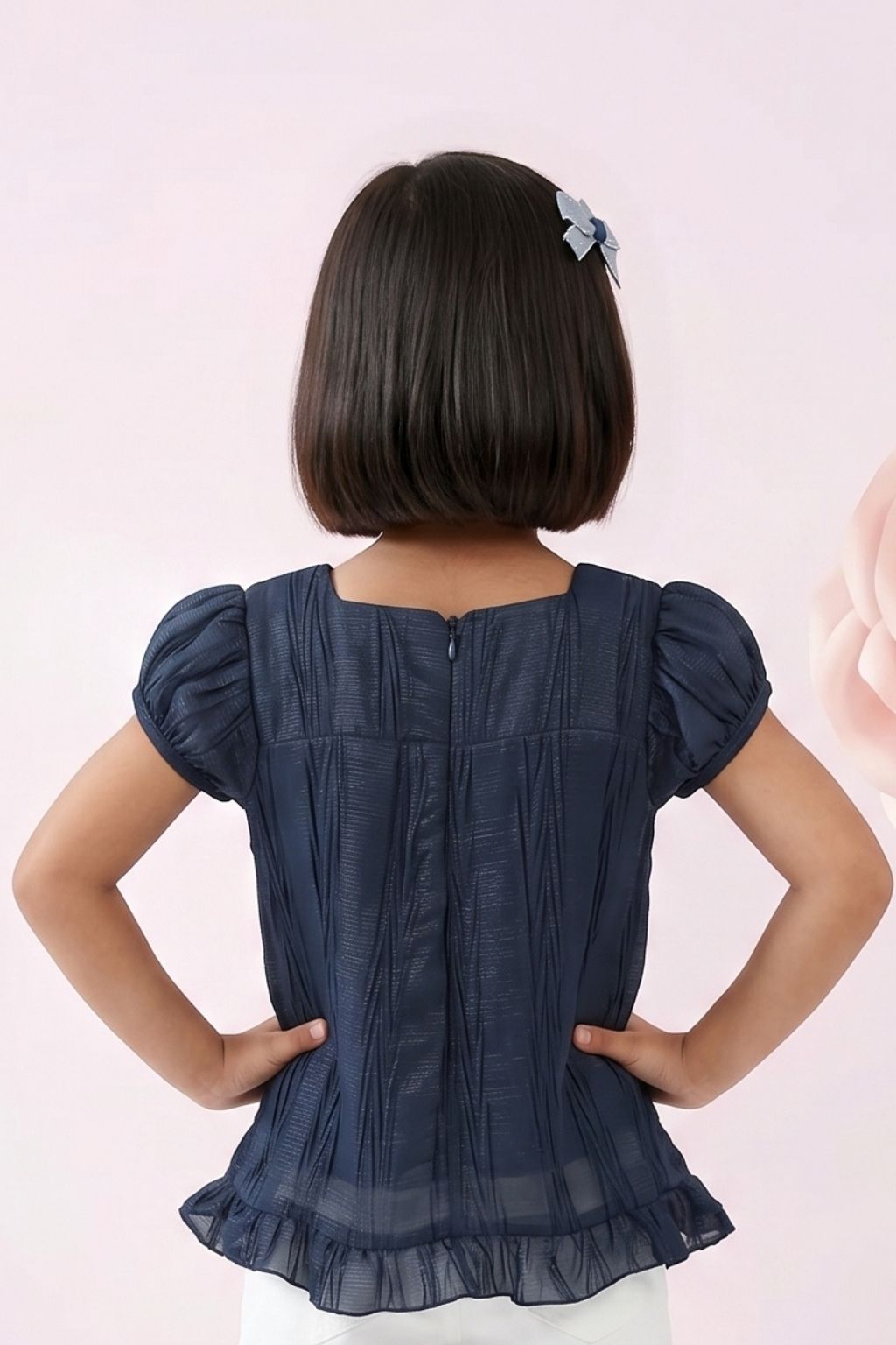 Navy Blue Bow Detail Ruffle Top TG6361