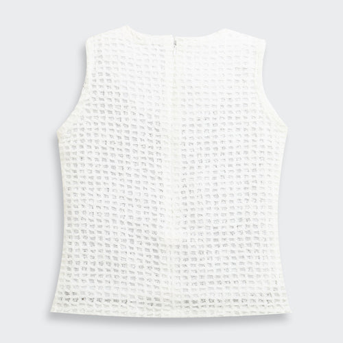 White Textured Sleeveless Top with Floral Applique TG6367