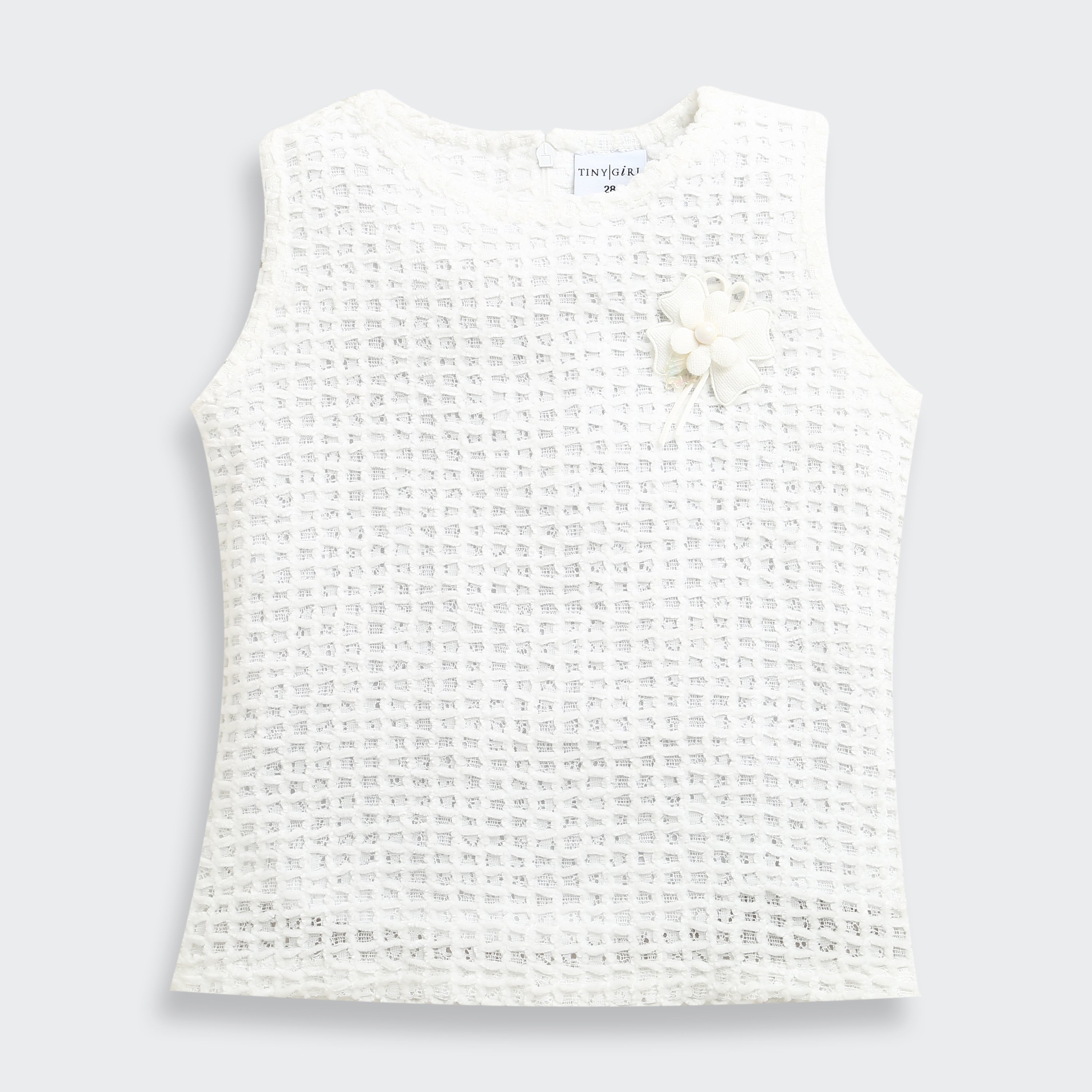 White Textured Sleeveless Top with Floral Applique TG6367