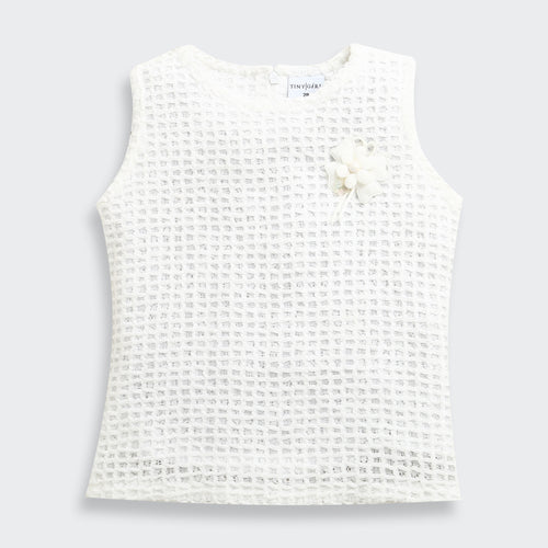 White Textured Sleeveless Top with Floral Applique TG6367