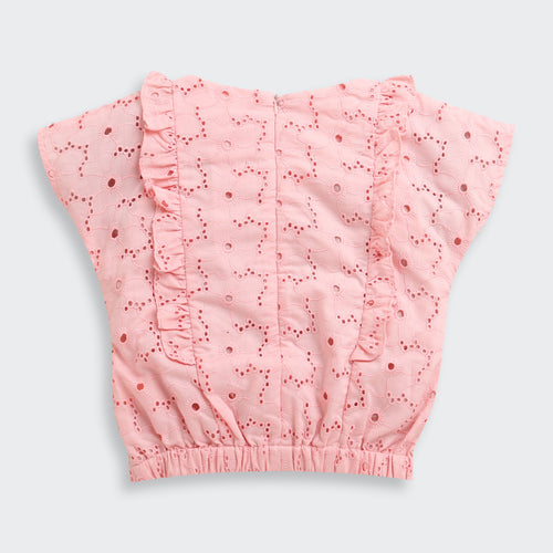 Pink Eyelet Cotton Top with Ruffle Detail & Bow Accents TG6369