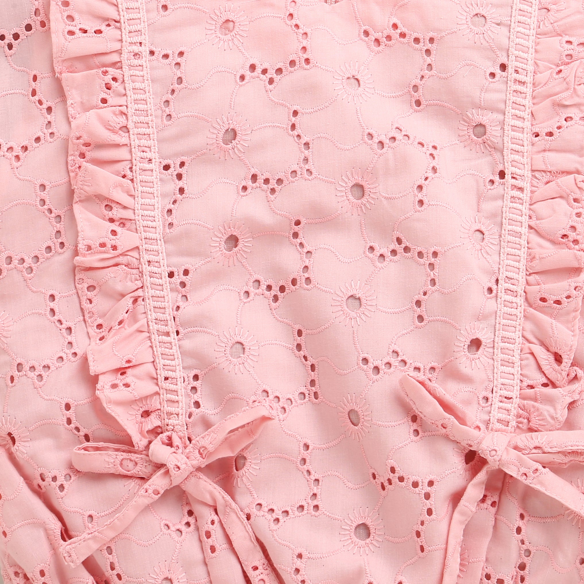 Pink Eyelet Cotton Top with Ruffle Detail & Bow Accents TG6369