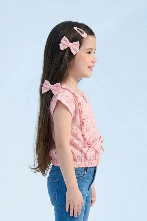 Pink Eyelet Cotton Top with Ruffle Detail & Bow Accents TG6369