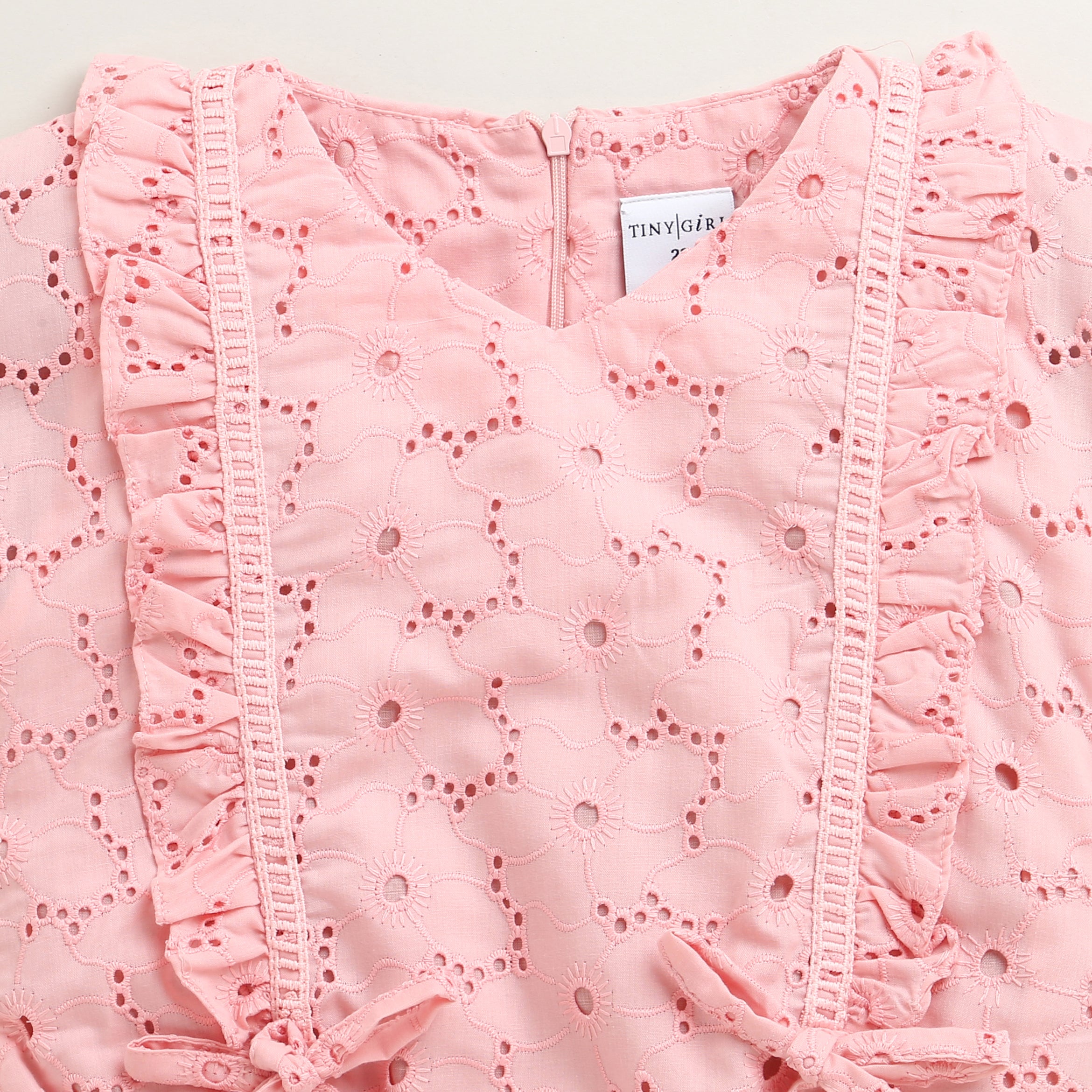 Pink Eyelet Cotton Top with Ruffle Detail & Bow Accents TG6369
