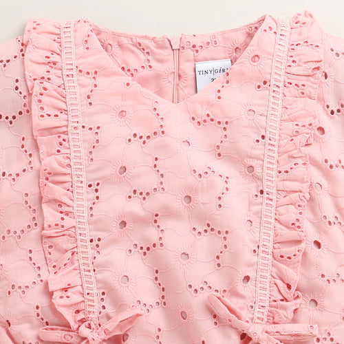 Pink Eyelet Cotton Top with Ruffle Detail & Bow Accents TG6369