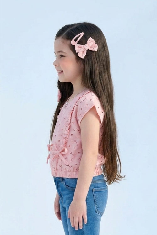 Pink Eyelet Cotton Top with Ruffle Detail & Bow Accents TG6369
