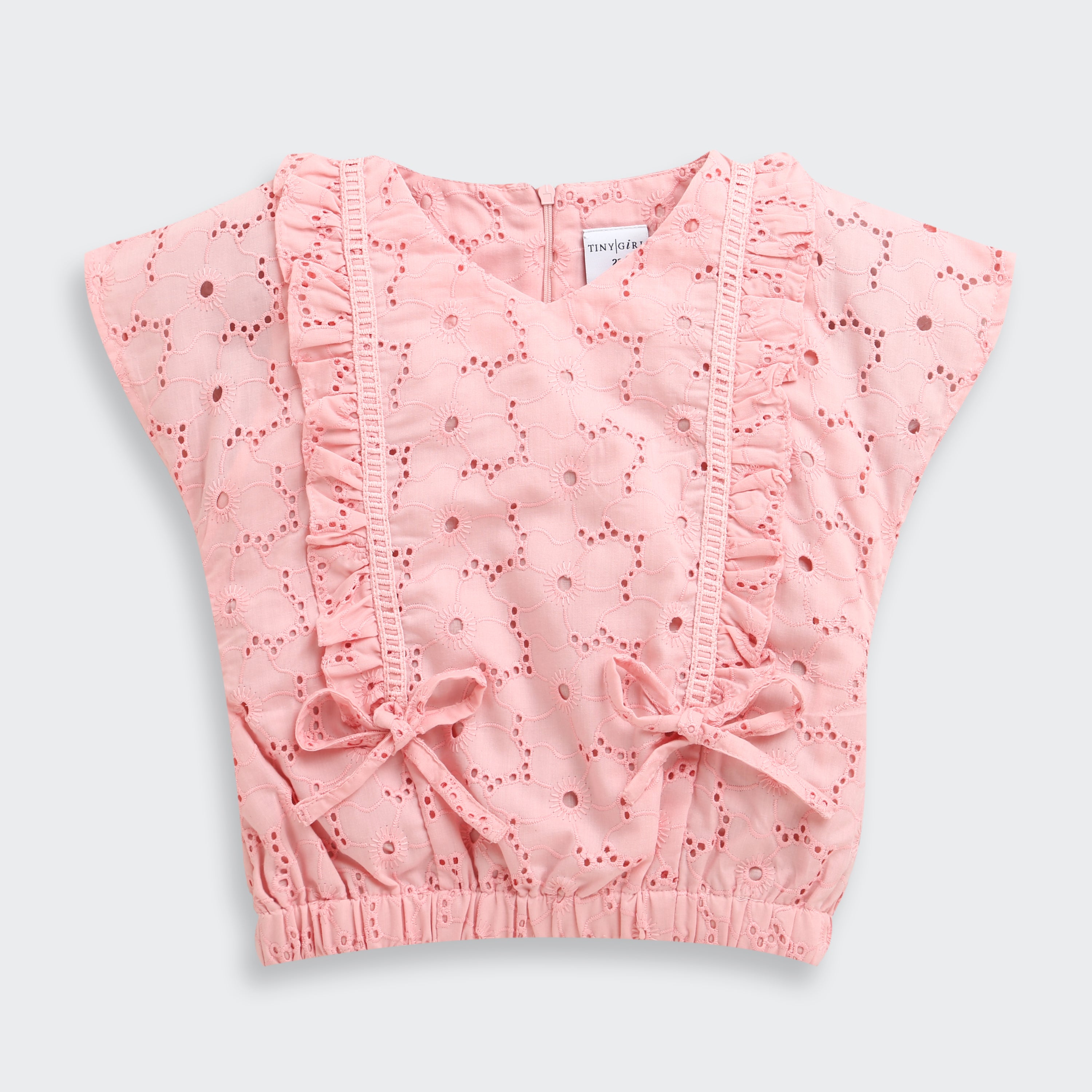 Pink Eyelet Cotton Top with Ruffle Detail & Bow Accents TG6369
