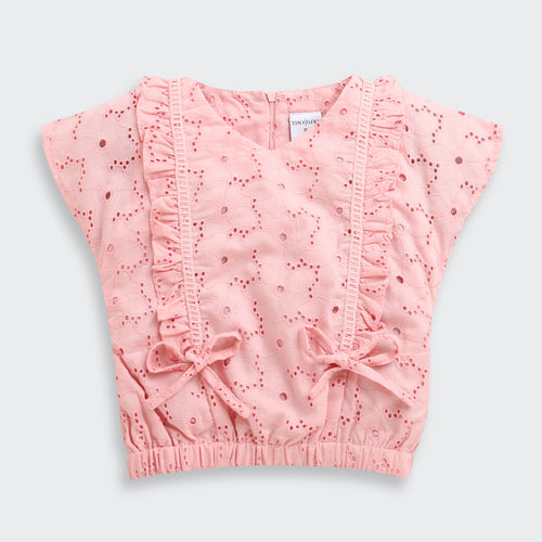 Pink Eyelet Cotton Top with Ruffle Detail & Bow Accents TG6369