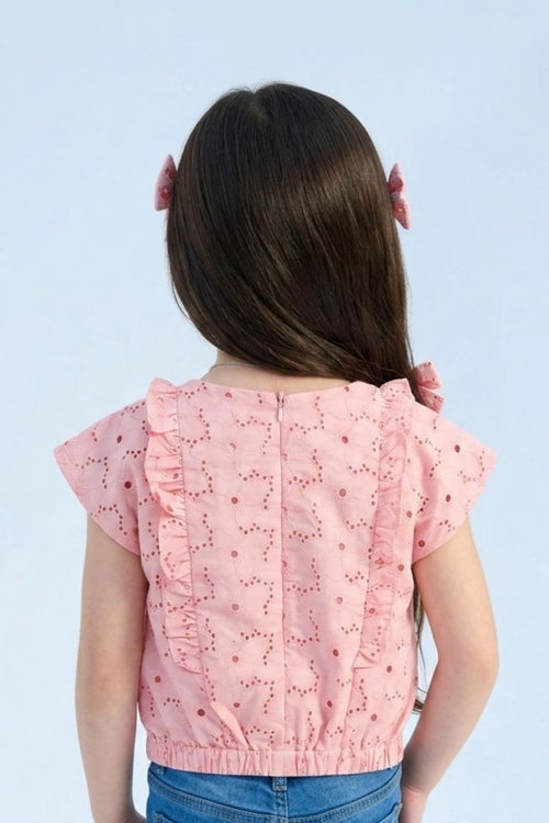Pink Eyelet Cotton Top with Ruffle Detail & Bow Accents TG6369