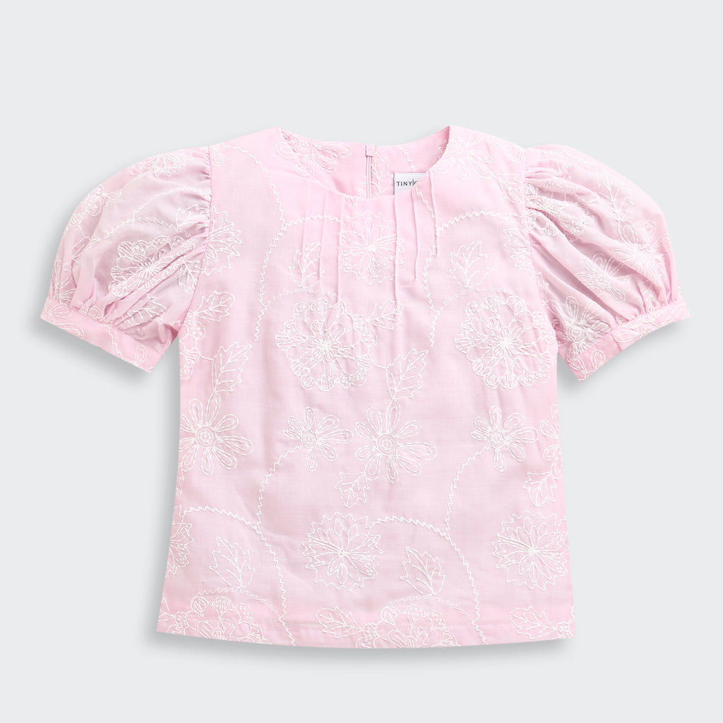 Pink Floral Embroidered Cotton Top with Puff Sleeves TG6375