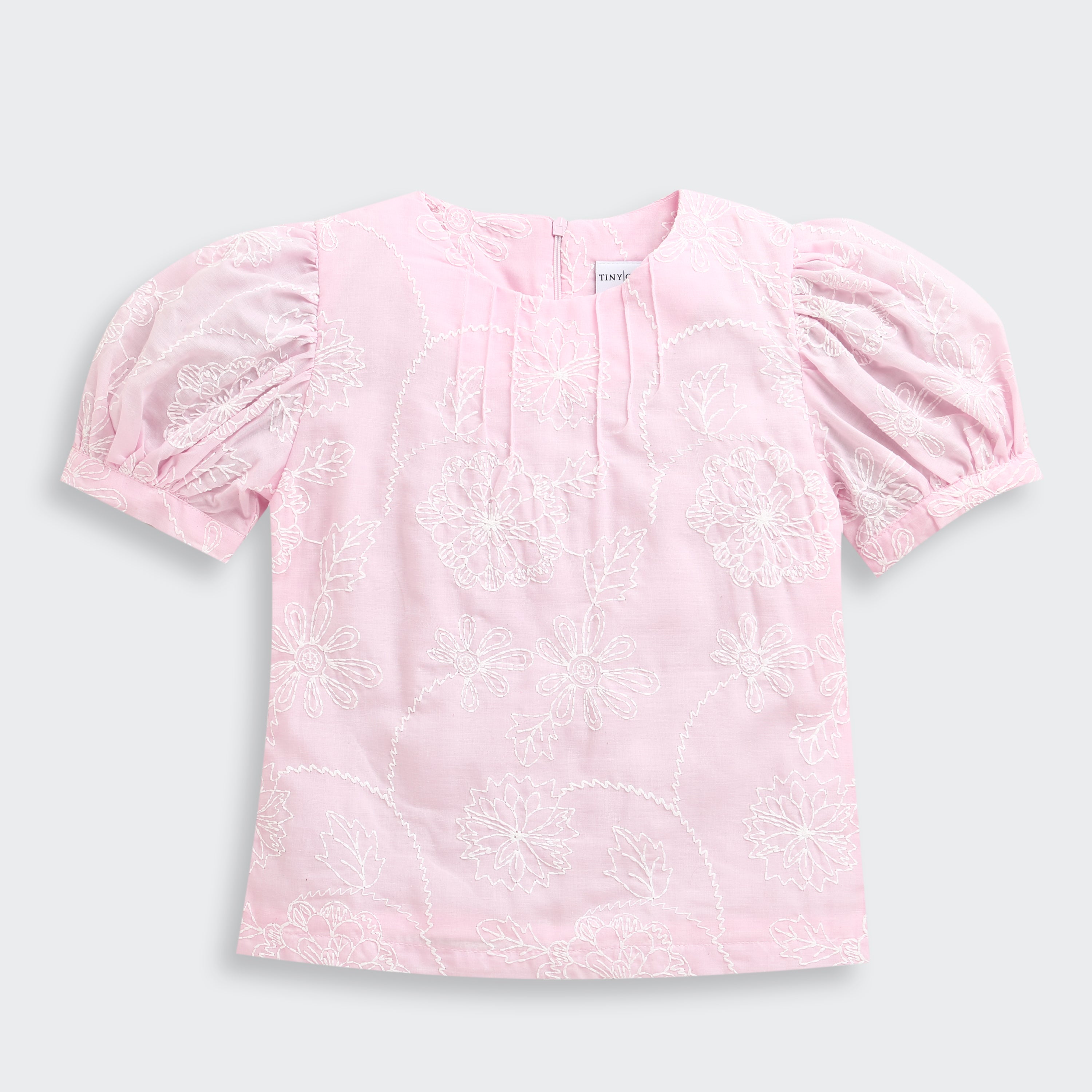 Pink Floral Embroidered Cotton Top with Puff Sleeves TG6375