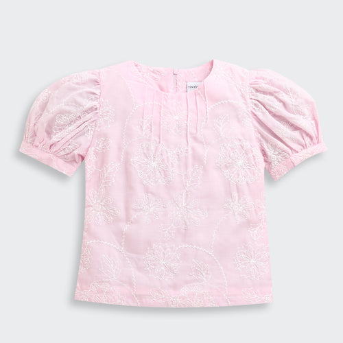 Pink Floral Embroidered Cotton Top with Puff Sleeves TG6375
