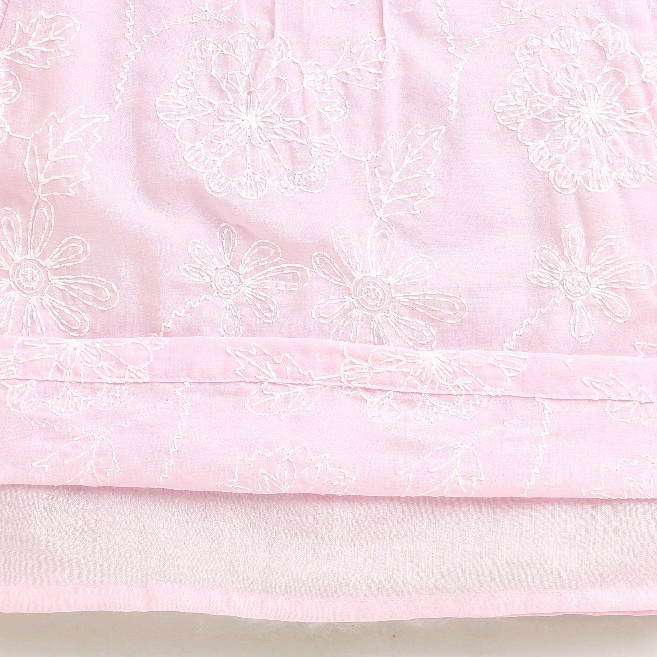 Pink Floral Embroidered Cotton Top with Puff Sleeves TG6375