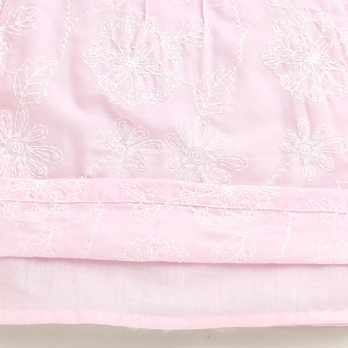 Pink Floral Embroidered Cotton Top with Puff Sleeves TG6375