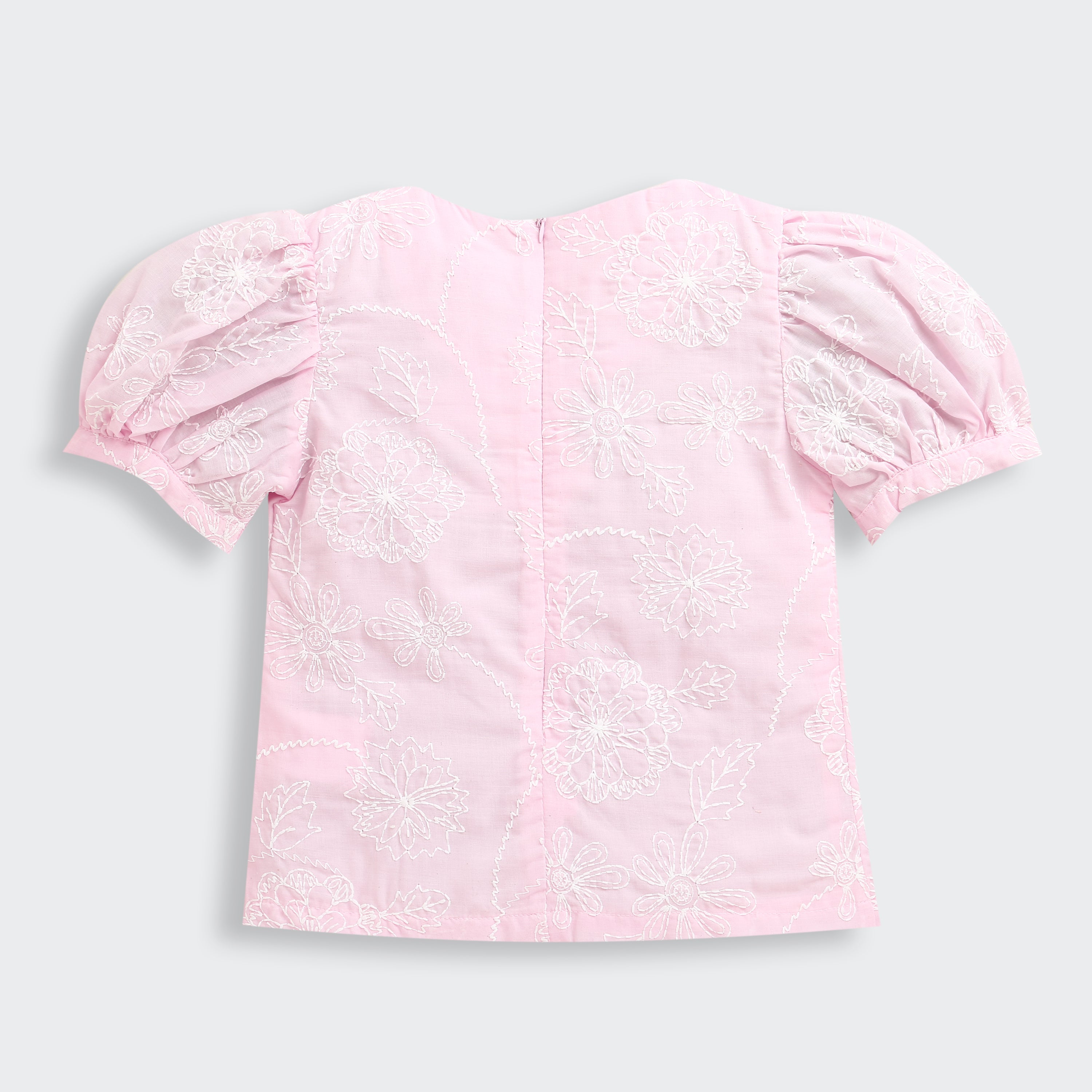 Pink Floral Embroidered Cotton Top with Puff Sleeves TG6375