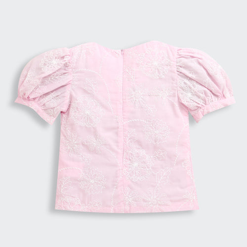 Pink Floral Embroidered Cotton Top with Puff Sleeves TG6375
