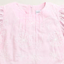 Pink Floral Embroidered Cotton Top with Puff Sleeves TG6375