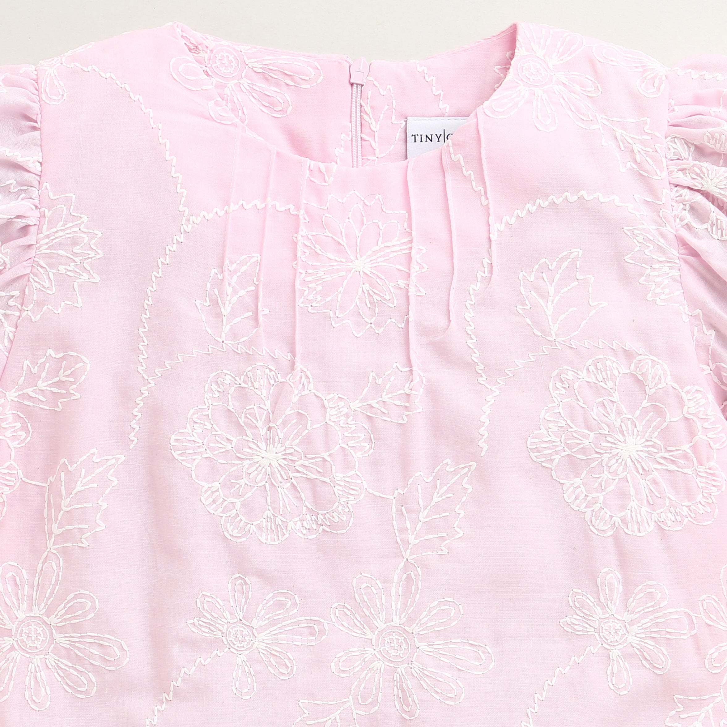 Pink Floral Embroidered Cotton Top with Puff Sleeves TG6375