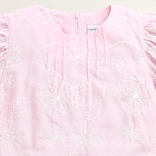 Pink Floral Embroidered Cotton Top with Puff Sleeves TG6375