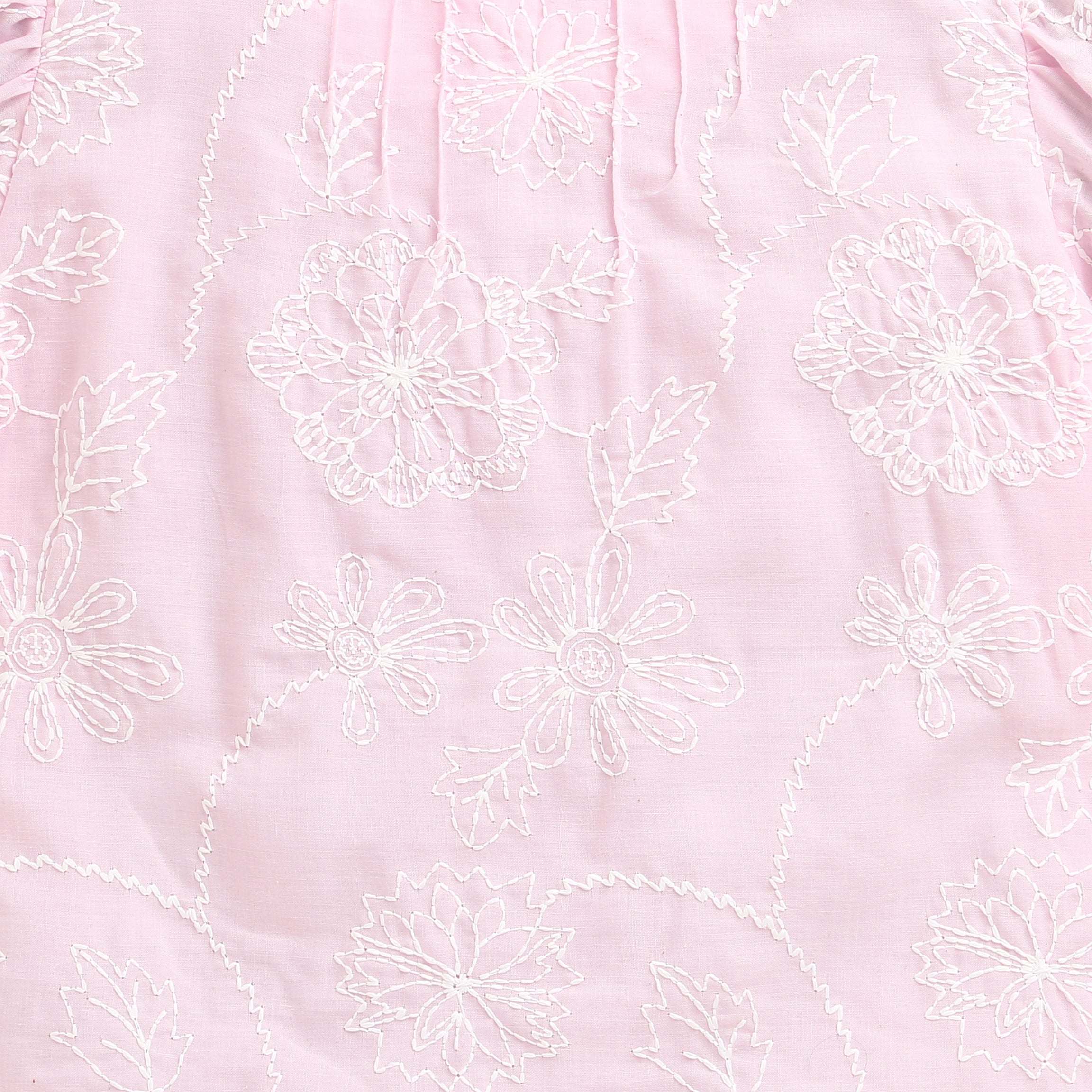 Pink Floral Embroidered Cotton Top with Puff Sleeves TG6375