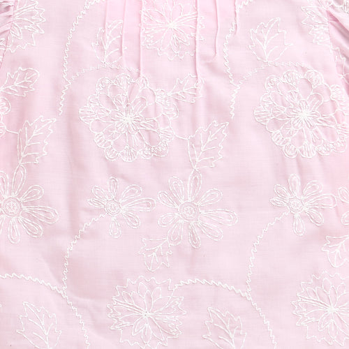 Pink Floral Embroidered Cotton Top with Puff Sleeves TG6375