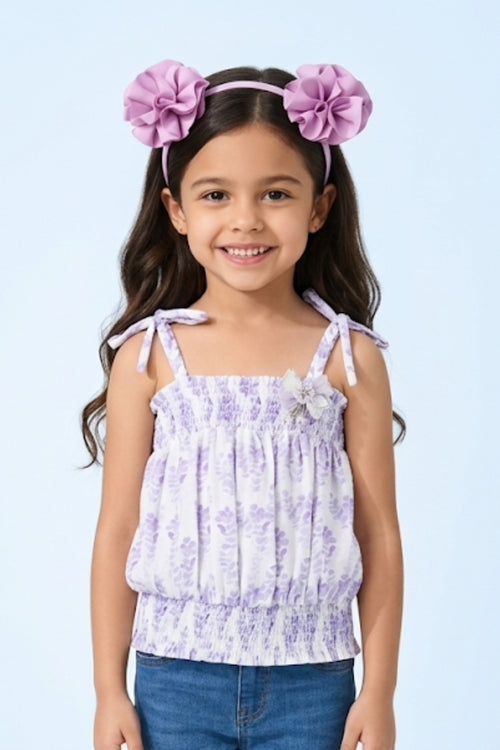 Lavender Floral Smocked Tie-Up Top with Shoulder Bows TG6376