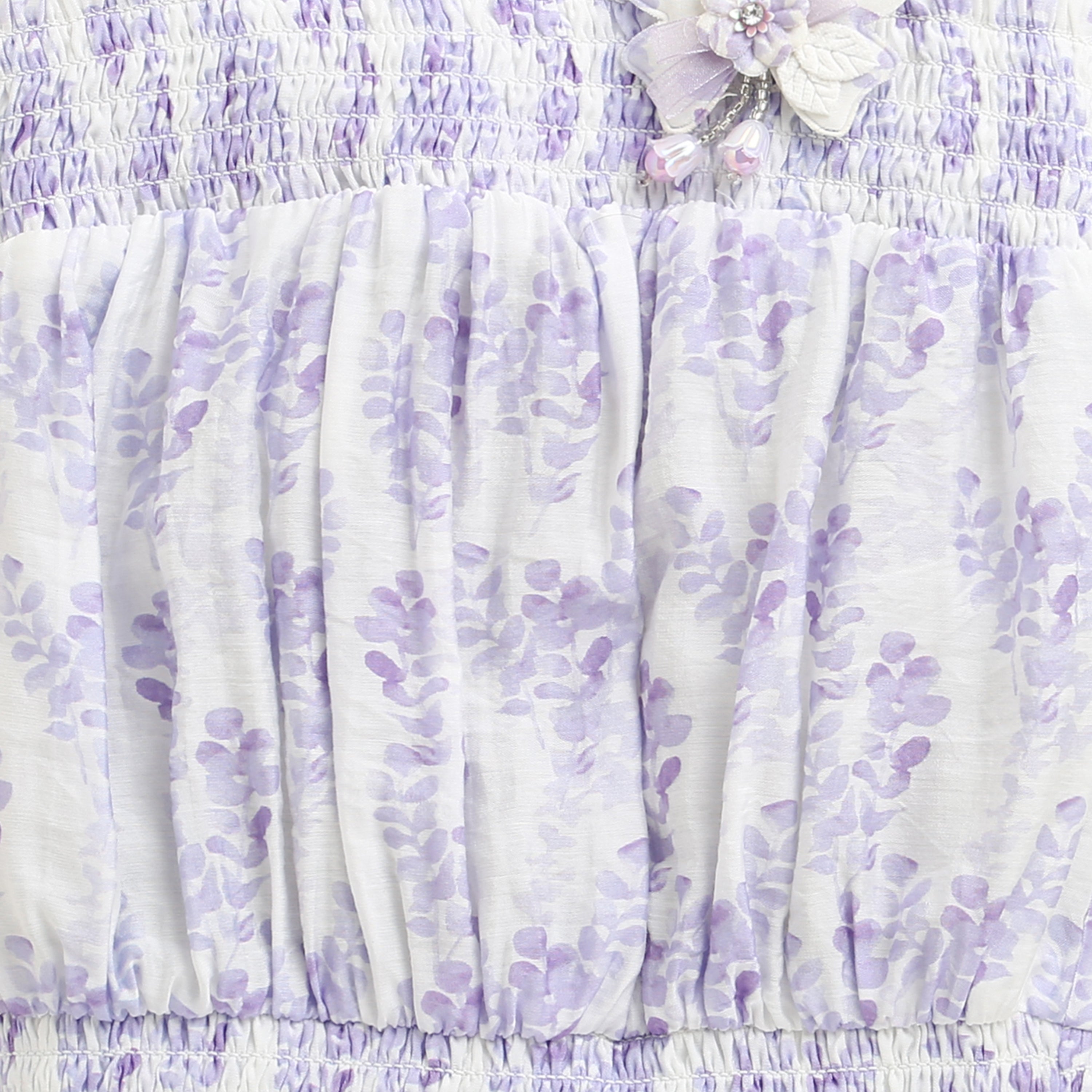 Lavender Floral Smocked Tie-Up Top with Shoulder Bows TG6376