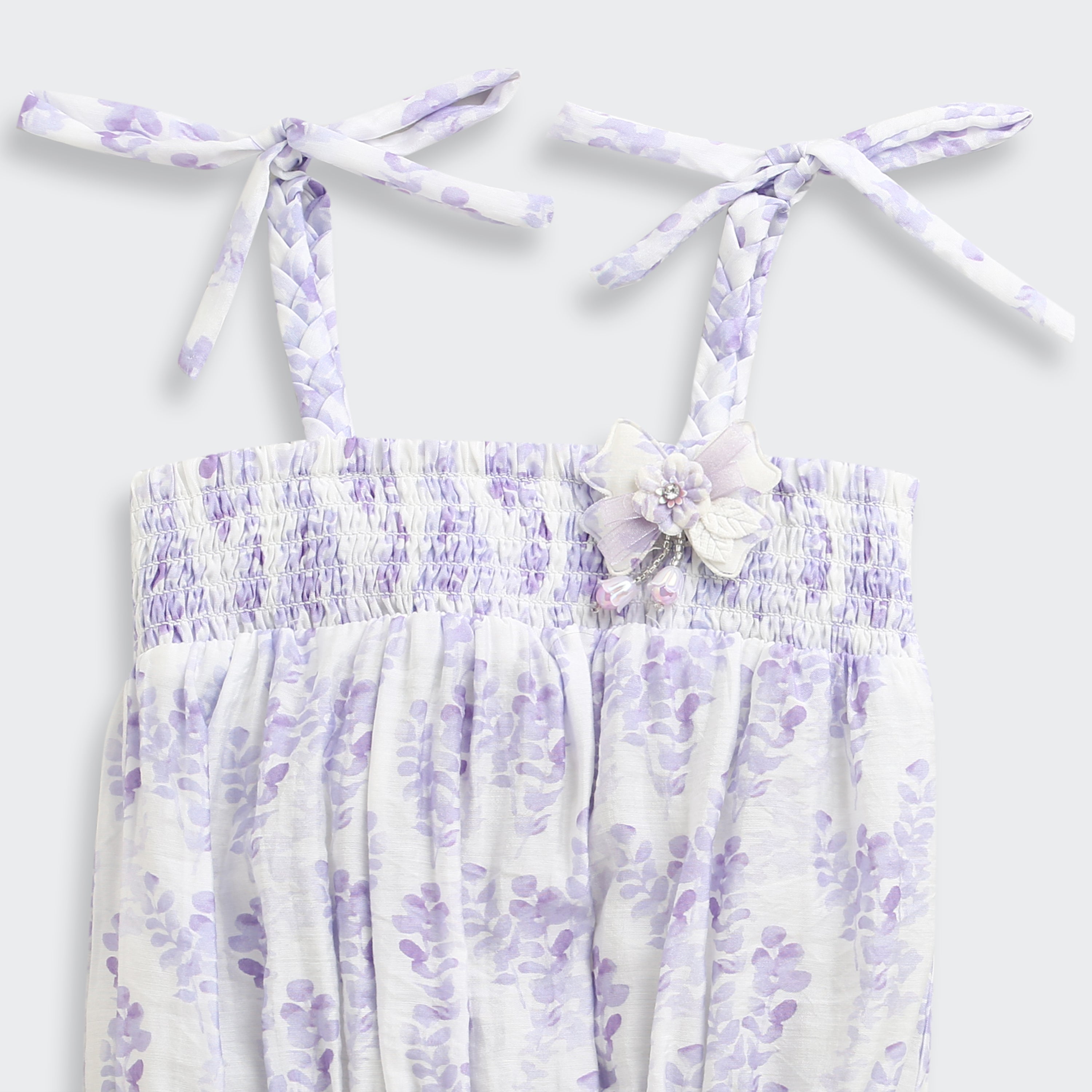 Lavender Floral Smocked Tie-Up Top with Shoulder Bows TG6376