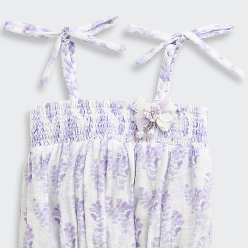 Lavender Floral Smocked Tie-Up Top with Shoulder Bows TG6376