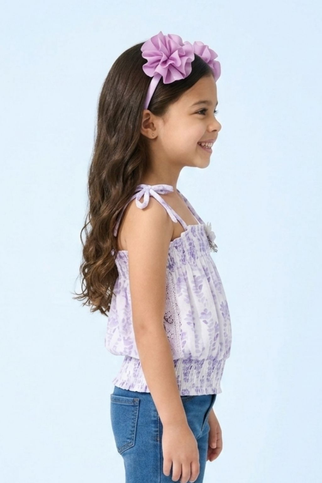 Lavender Floral Smocked Tie-Up Top with Shoulder Bows TG6376