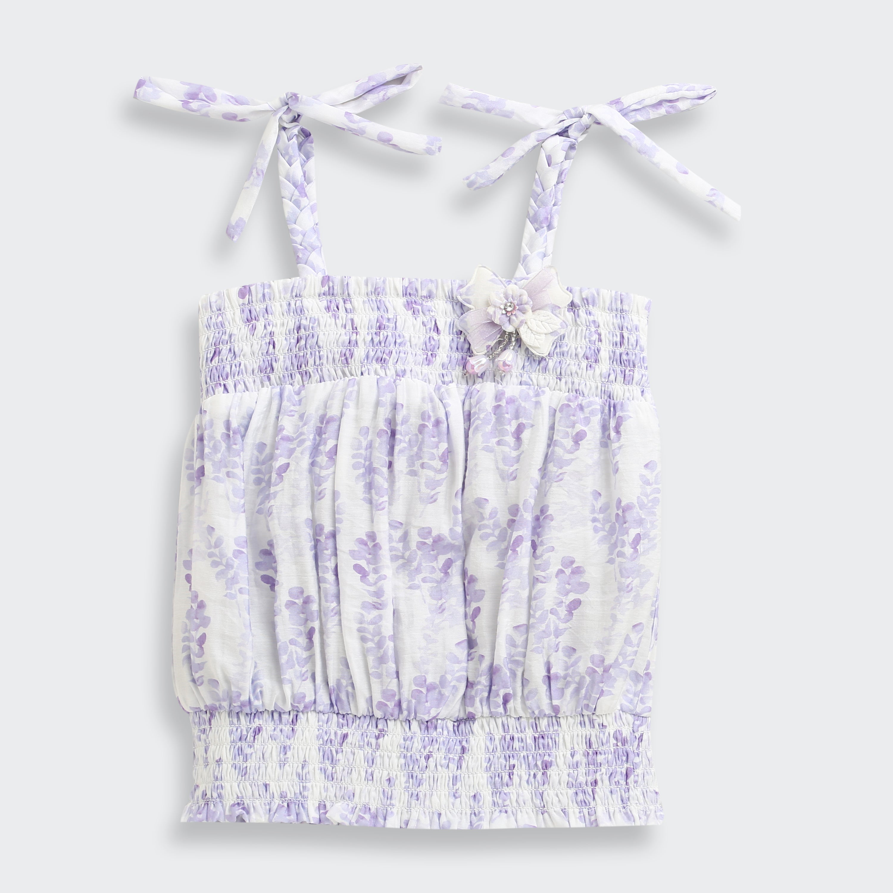 Lavender Floral Smocked Tie-Up Top with Shoulder Bows TG6376