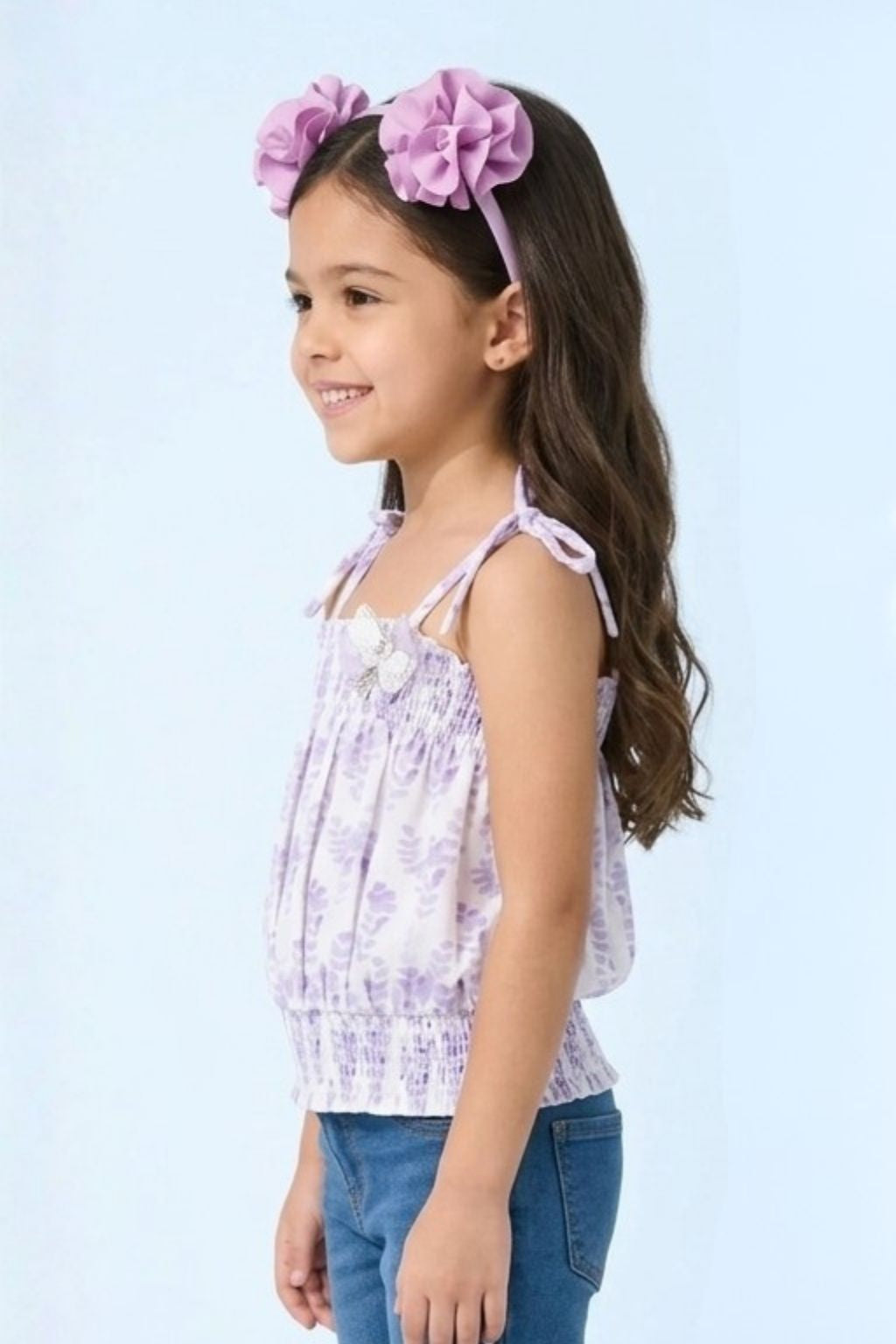 Lavender Floral Smocked Tie-Up Top with Shoulder Bows TG6376