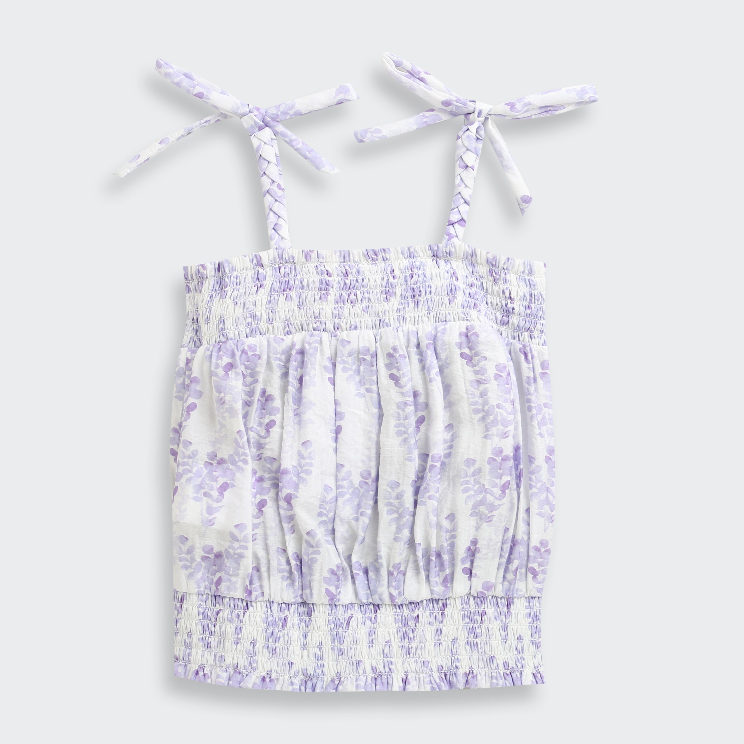 Lavender Floral Smocked Tie-Up Top with Shoulder Bows TG6376